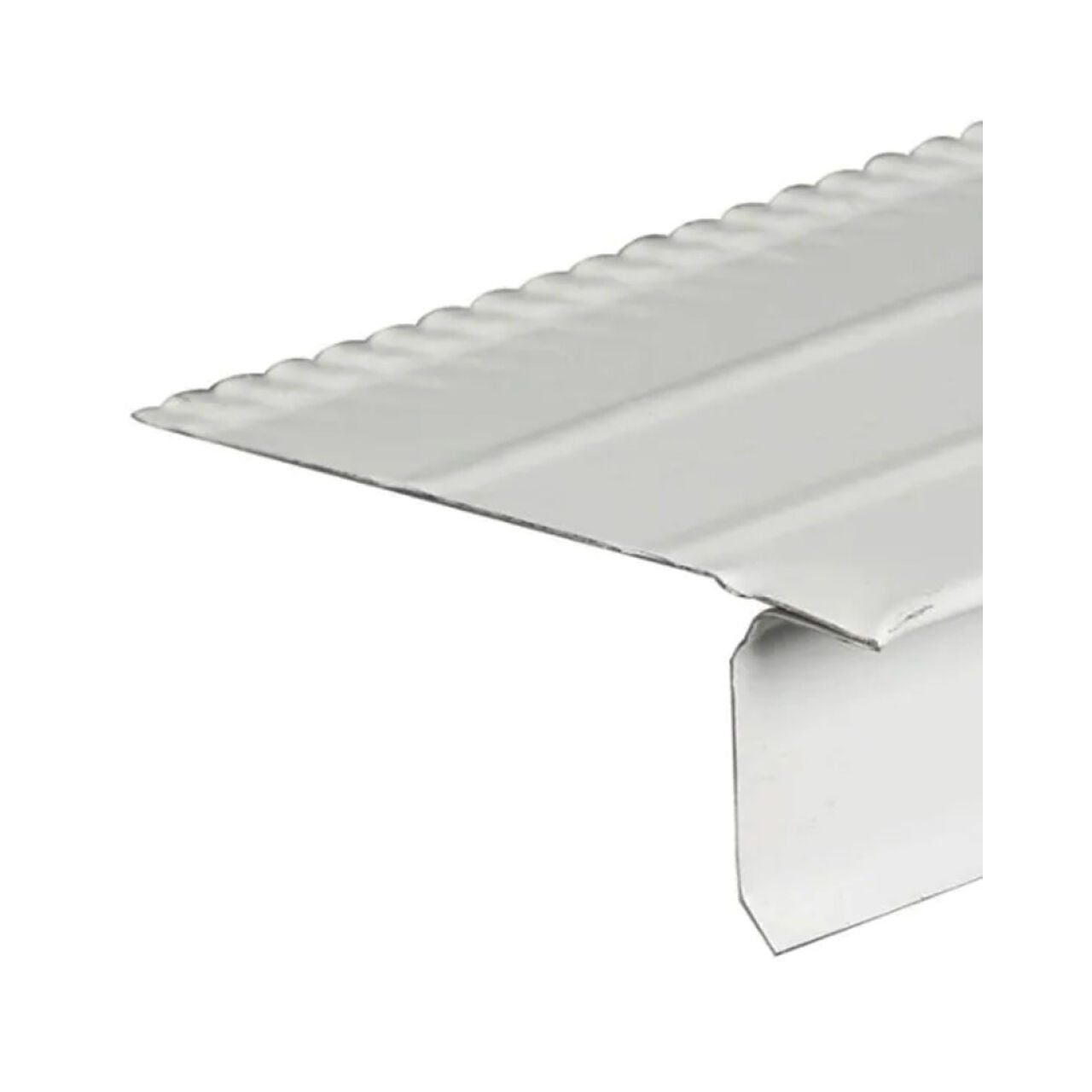 A close-up of the Go Build 1/2 in. x 10 ft. F4 Aluminum Drip Edge in white, featuring a ridged, bent design for roofing or siding, shown against a plain background. Brand: Go Build, The Fastest Way To Build.